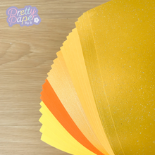 Load image into Gallery viewer, African Sunrise Paper Pack A5, 30 Sheets | Plain, Pearlised & Sparkle Paper Pad | Gold Orange Yellow Craft Paper