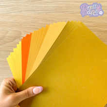 Load image into Gallery viewer, African Sunrise Paper Pack A5, 30 Sheets | Plain, Pearlised & Sparkle Paper Pad | Gold Orange Yellow Craft Paper