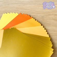 Load image into Gallery viewer, African Sunrise Paper Pack A5, 30 Sheets | Plain, Pearlised & Sparkle Paper Pad | Gold Orange Yellow Craft Paper