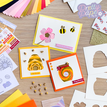 Load image into Gallery viewer, Bee Happy Card Making Kit hive, honey jar and flower and bee cards

