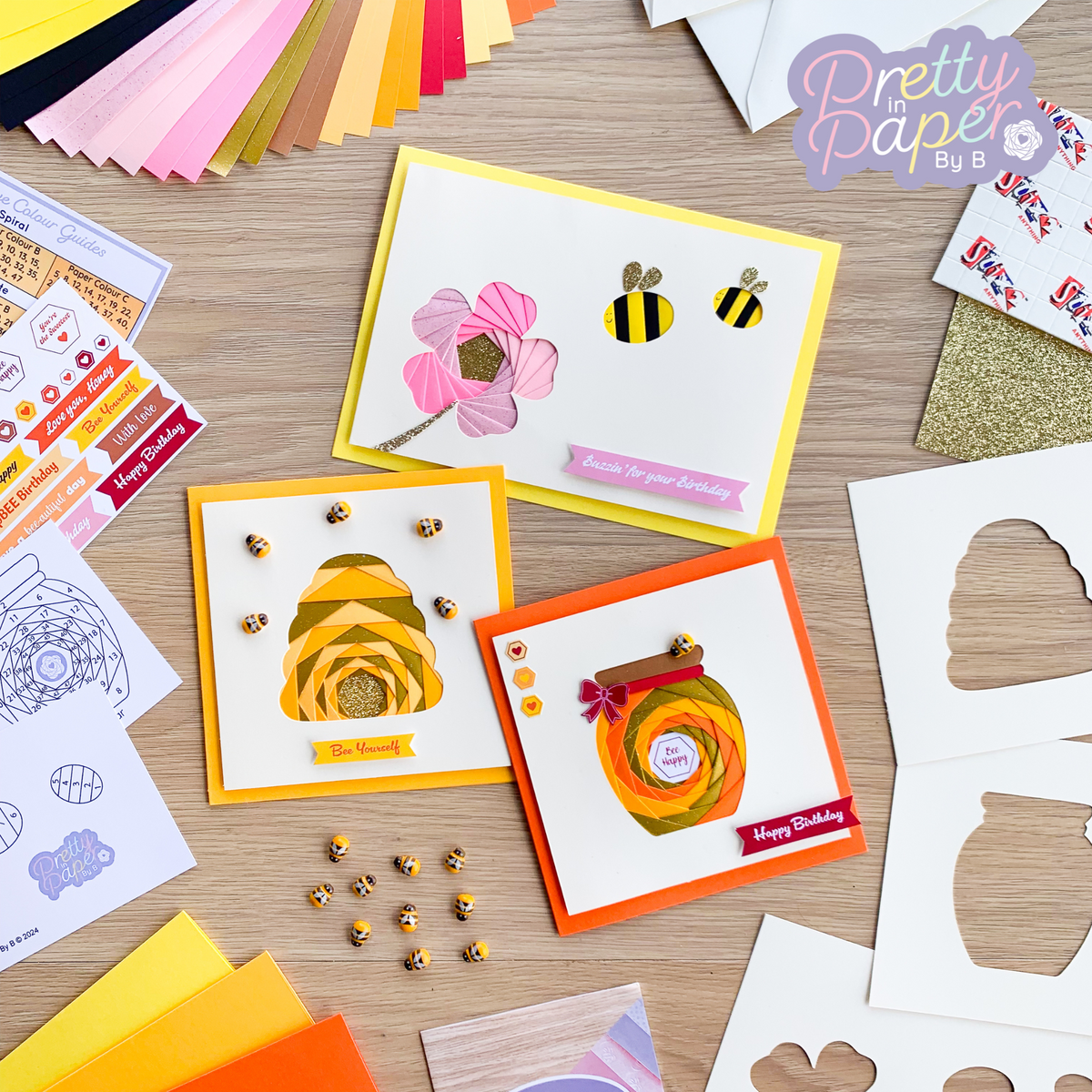 Bee Happy Card Making Kit hive, honey jar and flower and bee cards