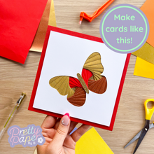 Load image into Gallery viewer, Butterfly Aperture Card Pack - iris fold butterfly on red
