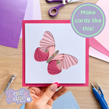 Load image into Gallery viewer, Butterfly Aperture Card (Pack of 3) | 3 x Square White Apertures, Cool Coloured Card Blanks & White Envelopes
