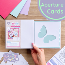 Load image into Gallery viewer, Butterfly Aperture Card (Pack of 3) | 3 x Square White Apertures, Cool Coloured Card Blanks & White Envelopes