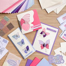 Load image into Gallery viewer, Three iris fold butterfly cards in pink, blue and purple
