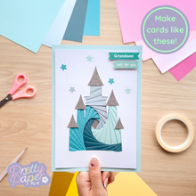 Load image into Gallery viewer, Make cards like this - iris folding castle on blue card with greeting 'Grandson - just for you'