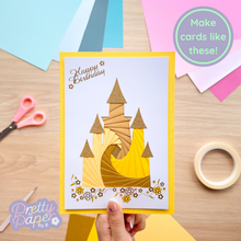 Load image into Gallery viewer, Make cards like this - iris folding castle on yellow card with 'happy birthday' greeting