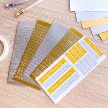 Load image into Gallery viewer, Gold and Silver alphabet and number peel-off stickers and printed greetings