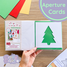 Load image into Gallery viewer, Christmas Tree Aperture Card Pack makes three iris fold Christmas cards