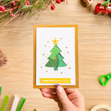 Load image into Gallery viewer, An iris fold Christmas Tree greeting card on pearl gold card with 'sending a little Christmas magic' greeting