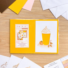 Load image into Gallery viewer, Coffee and Cream Printed Aperture Card (Pack of 3) | 3 x Apertures, Coloured Card Blanks & Envelopes | Pumpkin Latté, Hot Chocolate, Caramel Frappé