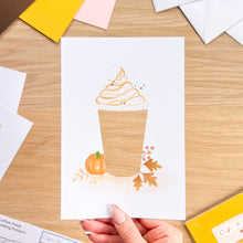 Load image into Gallery viewer, Coffee and Cream Printed Aperture Card (Pack of 3) | 3 x Apertures, Coloured Card Blanks & Envelopes | Pumpkin Latté, Hot Chocolate, Caramel Frappé