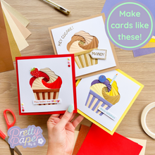 Load image into Gallery viewer, Three iris fold cupcake cards made with a cupcake card aperture pack
