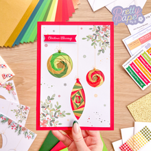 Load image into Gallery viewer, Triple bauble iris fold card with decorative corners