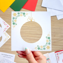 Load image into Gallery viewer, *New Revised Edition* Decorative Bauble Aperture Card (Pack of 3) | 3 x Square White Decorated Round Christmas Apertures, Coloured Card Blanks & White Envelopes