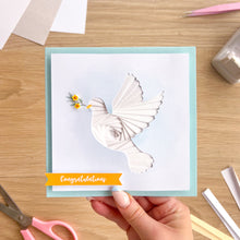 Load image into Gallery viewer, iris fold dove card embellished with yellow flowers and 'congratulations' greeting