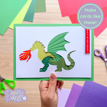 Load image into Gallery viewer, Make cards like this - iris folding green dragon with 'happy birthday' greeting
