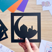 Load image into Gallery viewer, Eid Mubarak Silhouette Aperture Card (Pack of 3) | 3 x Square Black Apertures, Coloured Card Blanks &amp; White Envelopes
