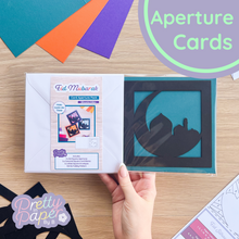 Load image into Gallery viewer, Eid Mubarak Silhouette Aperture Card Pack with matching iris folding pattern
