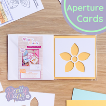 Load image into Gallery viewer, Flower Petal Aperture Card (Pack of 3) | 3 x Square White Apertures, Coloured Card Blanks & White Envelopes