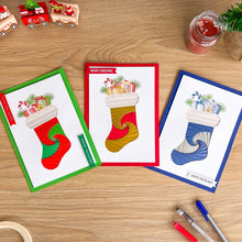Load image into Gallery viewer, Fluffy Stocking Aperture Card (Pack of 3) | 3 x A5 PRINTED Apertures, Coloured Card Blanks & White Envelopes | Christmas