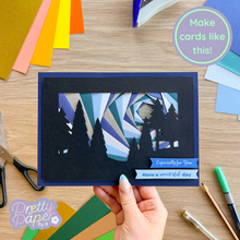 Load image into Gallery viewer, Iris Fold Forest Silhouette on Blue Card