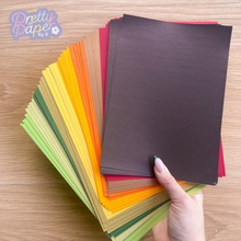 Load image into Gallery viewer, Forever Autumn Paper Pack A5, 60 Sheets | Plain, Pearlised & Sparkle Paper Pad | Green, Gold, Orange, Red, Brown Craft Paper