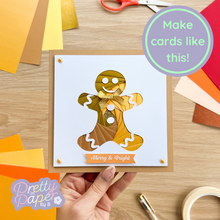 Load image into Gallery viewer, Gingerbread Man Christmas Aperture Card (Pack of 3) | 3 x Square White Apertures, Coloured Card Blanks & White Envelopes