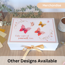 Load image into Gallery viewer, Large Gift Box with Gold ribbon and butterfly design and 'Take care of yourself, too' text
