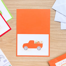 Load image into Gallery viewer, Harvest Truck Printed Aperture Card (Pack of 3) | 3 x Apertures, Coloured Card Blanks & Envelopes | Autumn Fall Wagon Vehicle