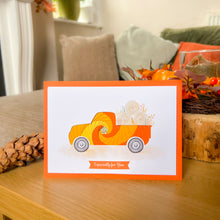 Load image into Gallery viewer, Harvest Truck Printed Aperture Card (Pack of 3) | 3 x Apertures, Coloured Card Blanks & Envelopes | Autumn Fall Wagon Vehicle