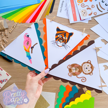 Load image into Gallery viewer, Jungle Animal Iris Folding Bunting Kit | Monkey Tiger Panther Parrot Beginner Craft Kit | Discontinued