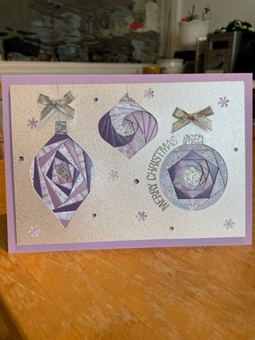 Christmas card with three iris fold ornaments