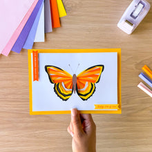 Load image into Gallery viewer, Iris fold emperor butterfly in yellow orange and black papers on deep yellow card blank