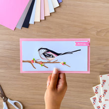Load image into Gallery viewer, pink greeting card with iris fold long-tailed tit design, resin flower and leaf embellishments and 'Just to say' greeting text.