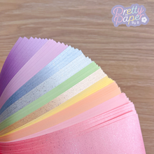 Load image into Gallery viewer, Marshmallow Pastel Paper Pack A5, 60 Sheets | Plain, Sparkle & Pearlised Paper Pad | Salmon, Pink, Yellow, Lilac, Purple, Green, Blue Craft Paper