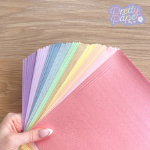Load image into Gallery viewer, Marshmallow Pastel Paper Pack A5, 60 Sheets | Plain, Sparkle & Pearlised Paper Pad | Salmon, Pink, Yellow, Lilac, Purple, Green, Blue Craft Paper