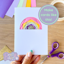 Load image into Gallery viewer, Mini iris folding rainbow card made with the Spring Meadows paper pack
