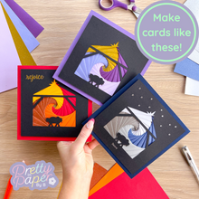 Load image into Gallery viewer, Nativity Silhouette Aperture Card Pack makes three iris folding cards featuring a baby Jesus crib
