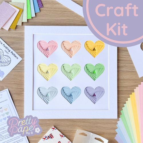 Pastel Wall Art Craft Kit with nine iris folding paper hearts