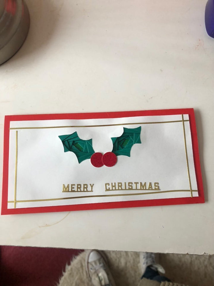 Iris folded Holly Christmas card with Merry Christmas greeting