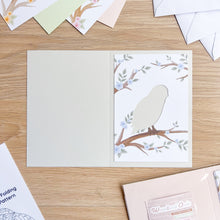 Load image into Gallery viewer, Woodland Owls Aperture Card (Pack of 3) | 3 x PRINTED Apertures, Coloured Card Blanks & Envelopes | Intermediate | Tawny, Barn, Snowy Owls