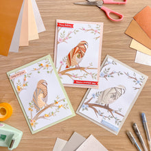 Load image into Gallery viewer, Greeting cards with iris folding owl designs on a wooden table with stationery items.