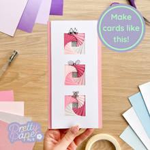 Load image into Gallery viewer, Pink iris fold card with three presents stacked vertically
