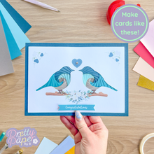 Load image into Gallery viewer, Make cards like this - two iris fold birds in teal and silver