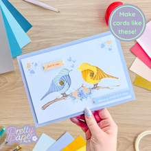 Load image into Gallery viewer, Make cards like this - two iris fold birds in blue and gold