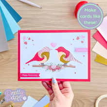 Load image into Gallery viewer, Make cards like this - two iris fold birds in red and rose gold