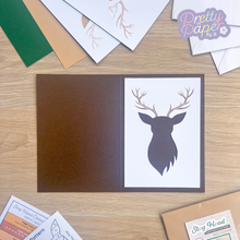 Load image into Gallery viewer, stag head aperture with printed antlers on brown card blank