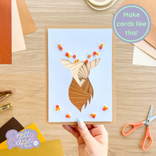 Load image into Gallery viewer, Brown and cream stag head iris fold card with printed antlers on buff card blank