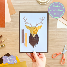 Load image into Gallery viewer, Brown and gold stag head iris fold card with printed antlers on brown card blank